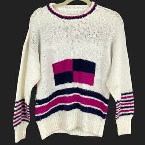 VTG Womens L White Color Block Striped Sweater Coastal Nautical Novelty Retro